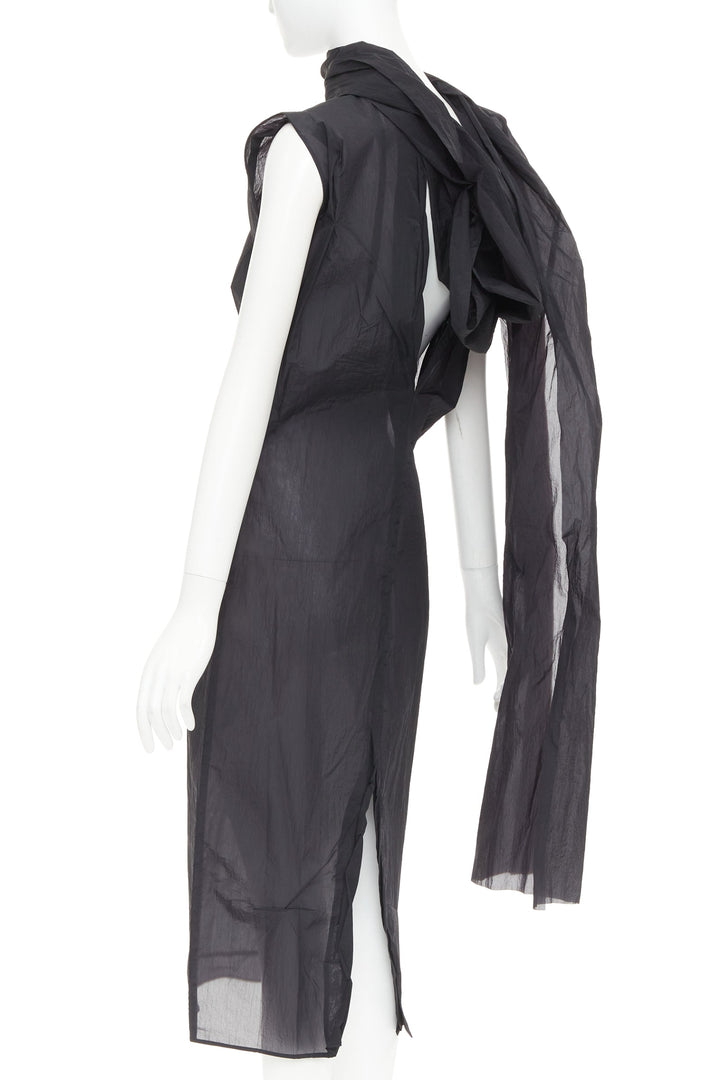 PRADA 2023 black RE-Nylon crinkle scarf rosette dipped back draped dress IT38 XS