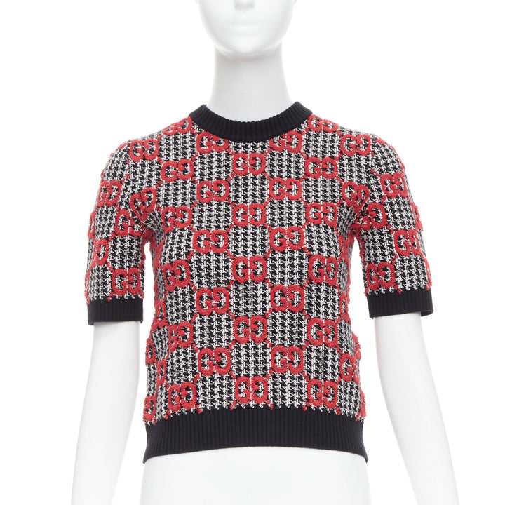 GUCCI 2023 red black Giant Monogram houndstooth intarsia crop sweater XS