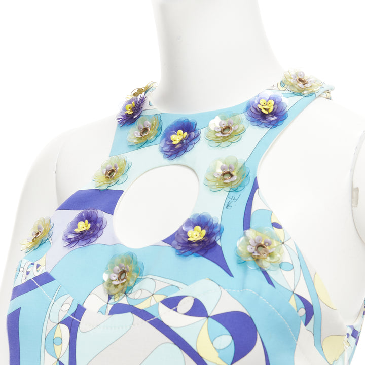 EMILIO PUCCI blue geometric floral cut out flower applique halter mini dress
