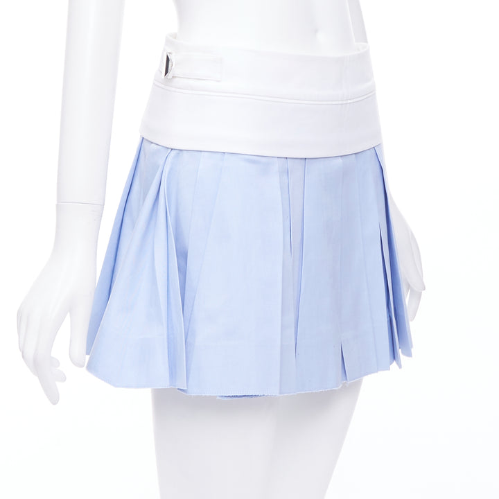 ALEXANDER WANG blue pleated white waistband silver buckle mini skirt US2 S