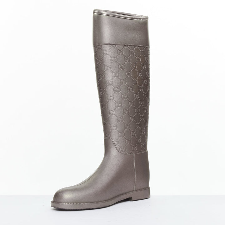 GUCCI silver GG logo monogram rubber flat tall rainboots EU36