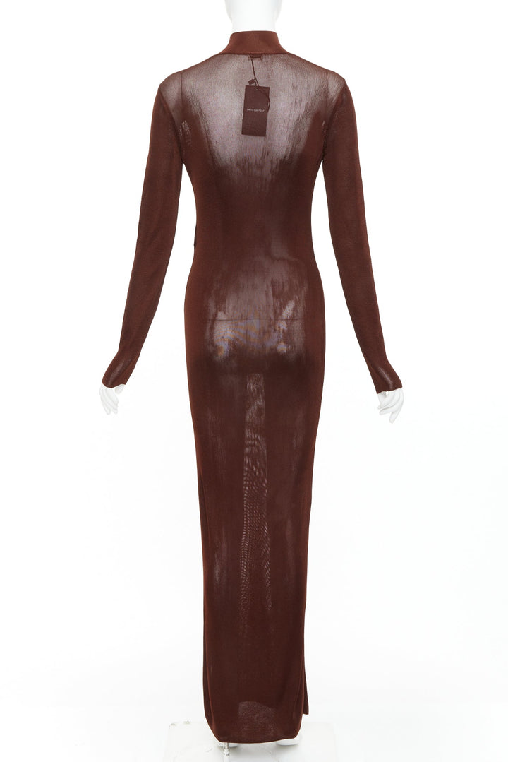 SAINT LAURENT 2023 Runway chocolate dark brown mock neck sheer knit dress XS