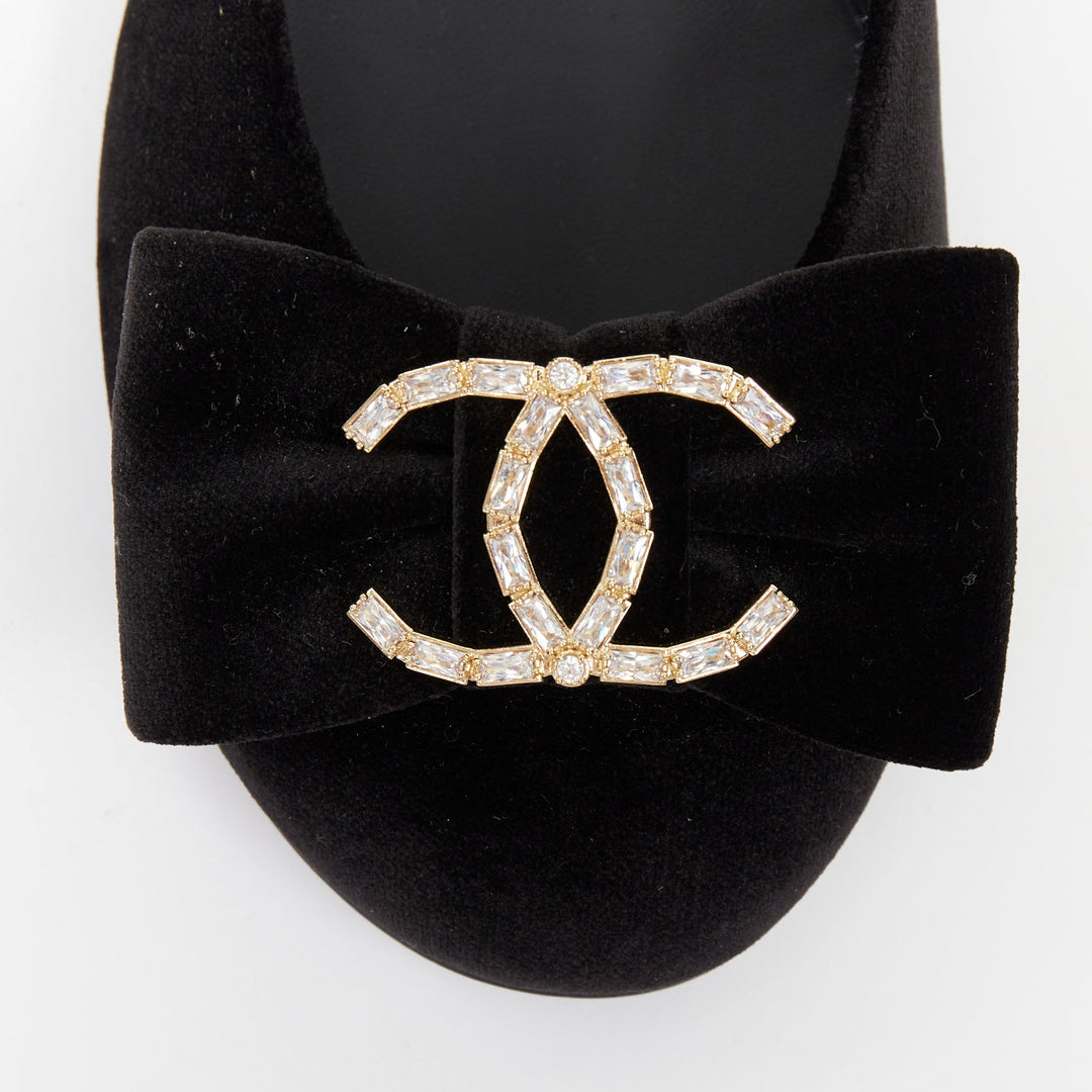 CHANEL 2020 black velvet crystal CC bow ankle strap mary jane ballet flats EU37C