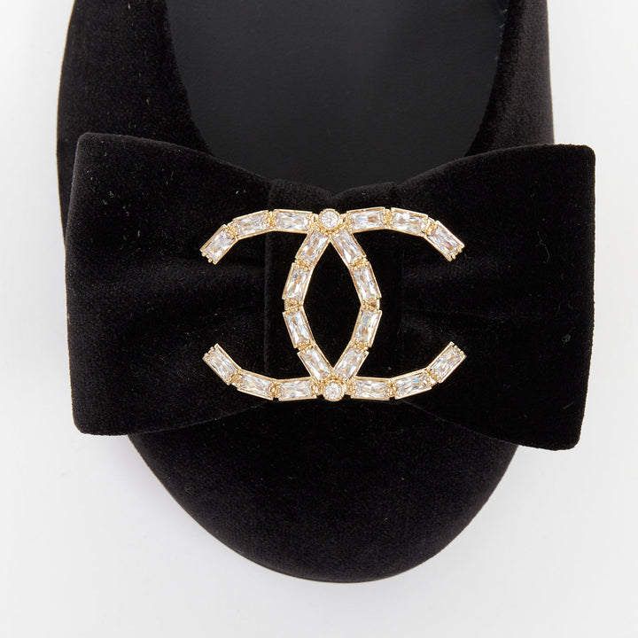 CHANEL 2020 black velvet crystal CC bow ankle strap mary jane ballet flats EU37C