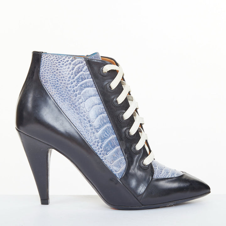 BALENCIAGA 2012 Runway blue emboss black leather lace up high heel booties EU36