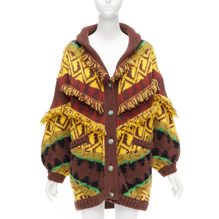 ETRO colourful wool blend fringe trimmed jacquard buttoned cardigan IT38 XS