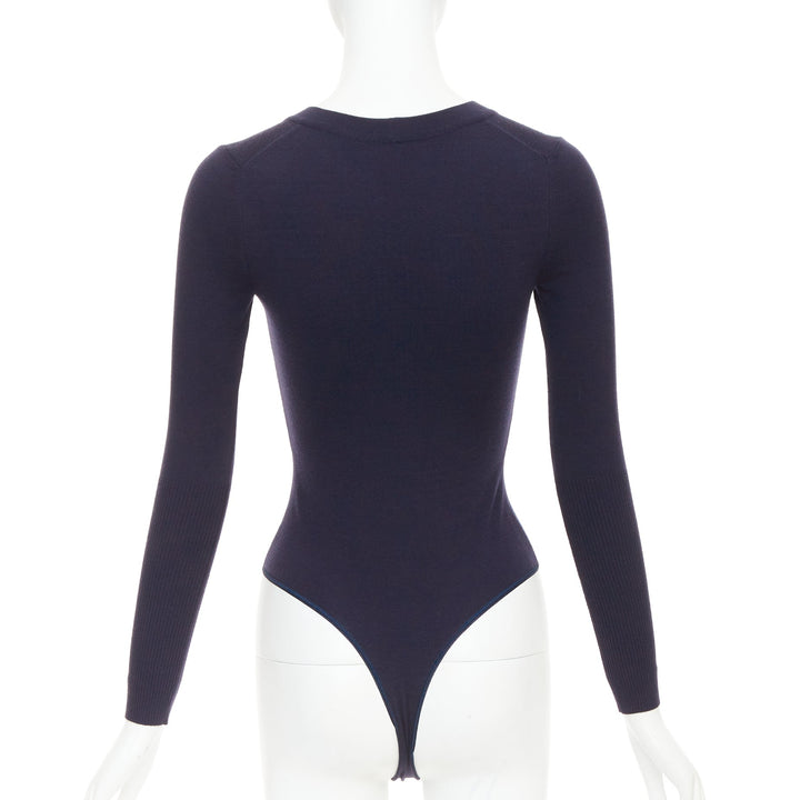 ALAIA navy virgin wool blend v-neck bodysuit sweater leotard top FR36 S