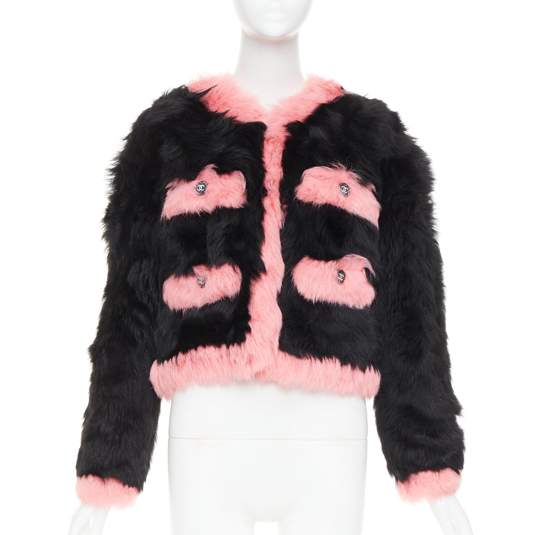 rare CHANEL 21K black pink shearling fur CC crystal button 4 pocket jacket FR36