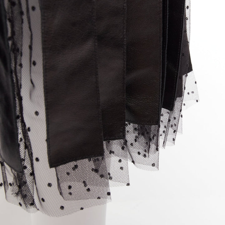 CHRISTIAN DIOR black lambskin leather polka dot lace tulle pleated skirt FR36 S