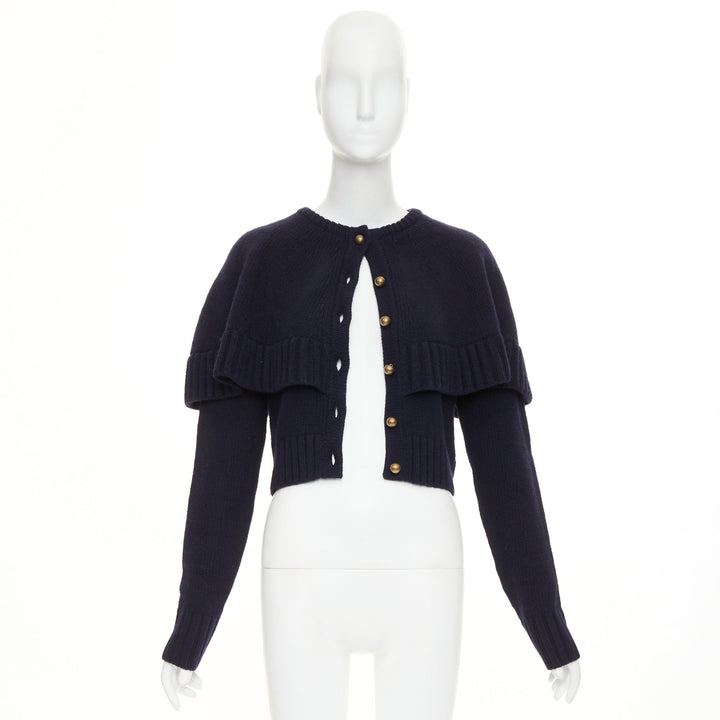 CHLOE 2024 Runway navy wool cashmere bronze globe buttons cape cardigan XS