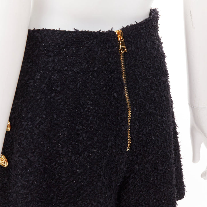 BALMAIN black speckle metallic tweed gold B buttons high rise shorts FR38 M