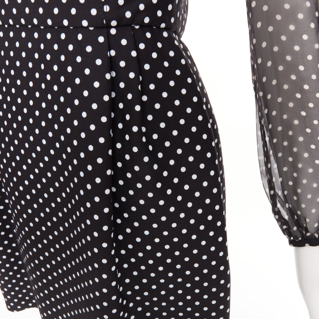 VALENTINO black white wool silk crepe polka dot lace overlay pleat dress IT40 S