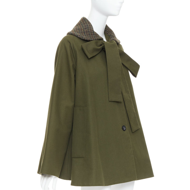 LOEWE khaki green cotton tweed collar bow neck swing coat FR34 XS