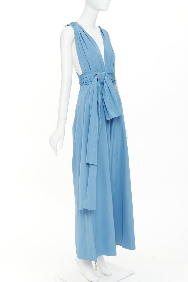 OSCAR DE LA RENTA S20 Runway sky blue moire faille sash tie jumpsuit US0 XS