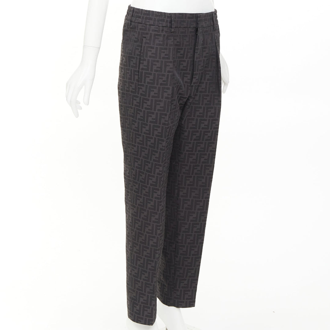 FENDI black FF Zucca monogram jacquard pleat front tapered cropped pants IT48 M