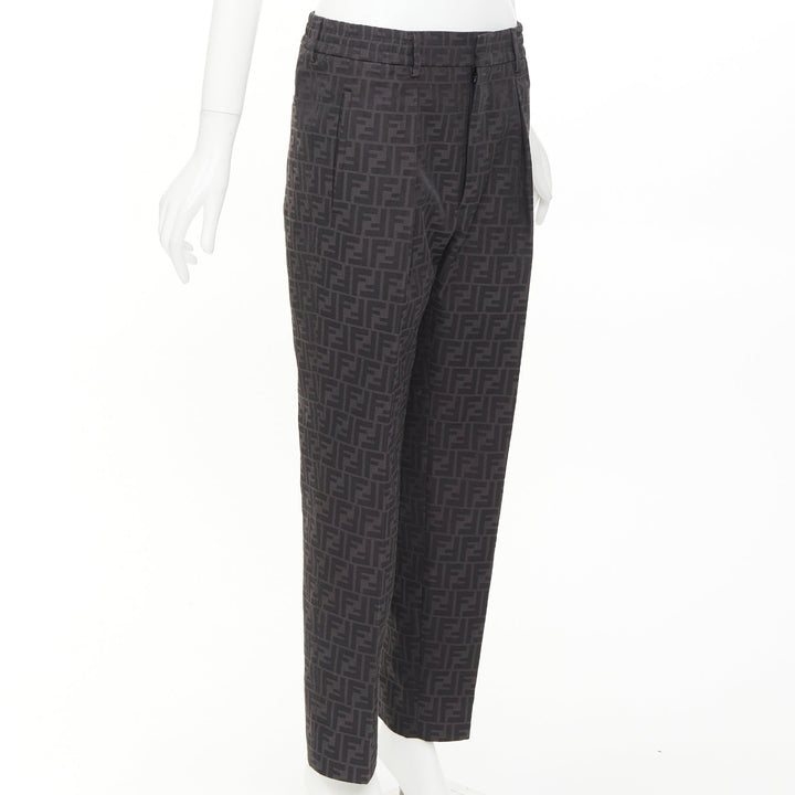 FENDI black FF Zucca monogram jacquard pleat front tapered cropped pants IT48 M