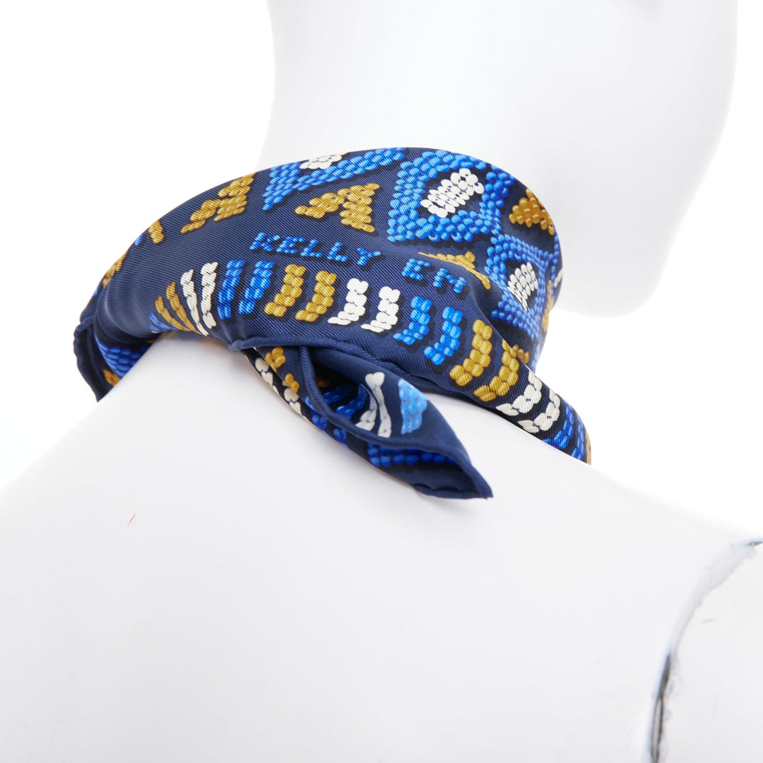 HERMES Gavroche 45 Kelly en Perles bead print navy blue silk twill scarf