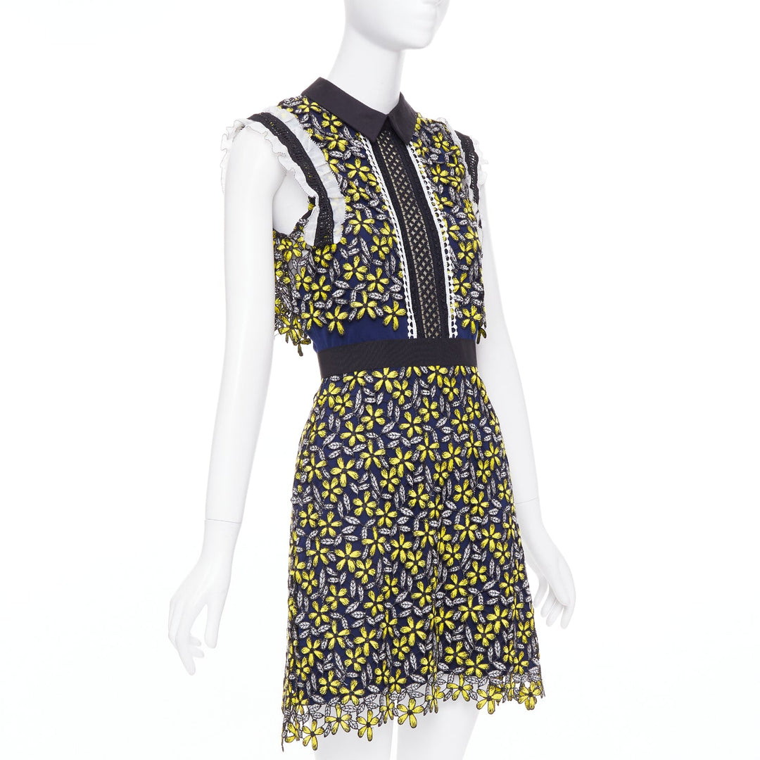 SELF PORTRAIT Eleina Sculpted Daisy Guipure yellow lace floral dress UK4 XXS