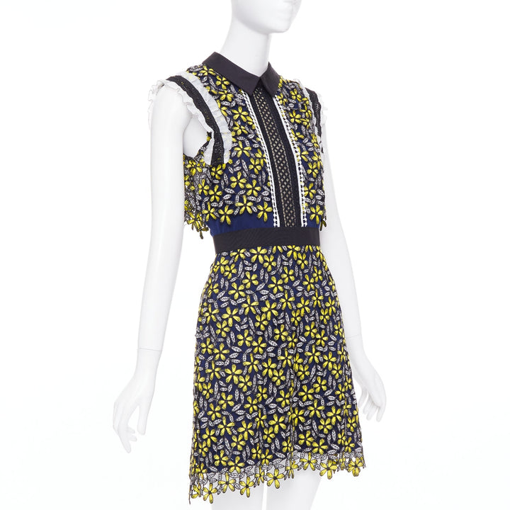 SELF PORTRAIT Eleina Sculpted Daisy Guipure yellow lace floral dress UK4 XXS