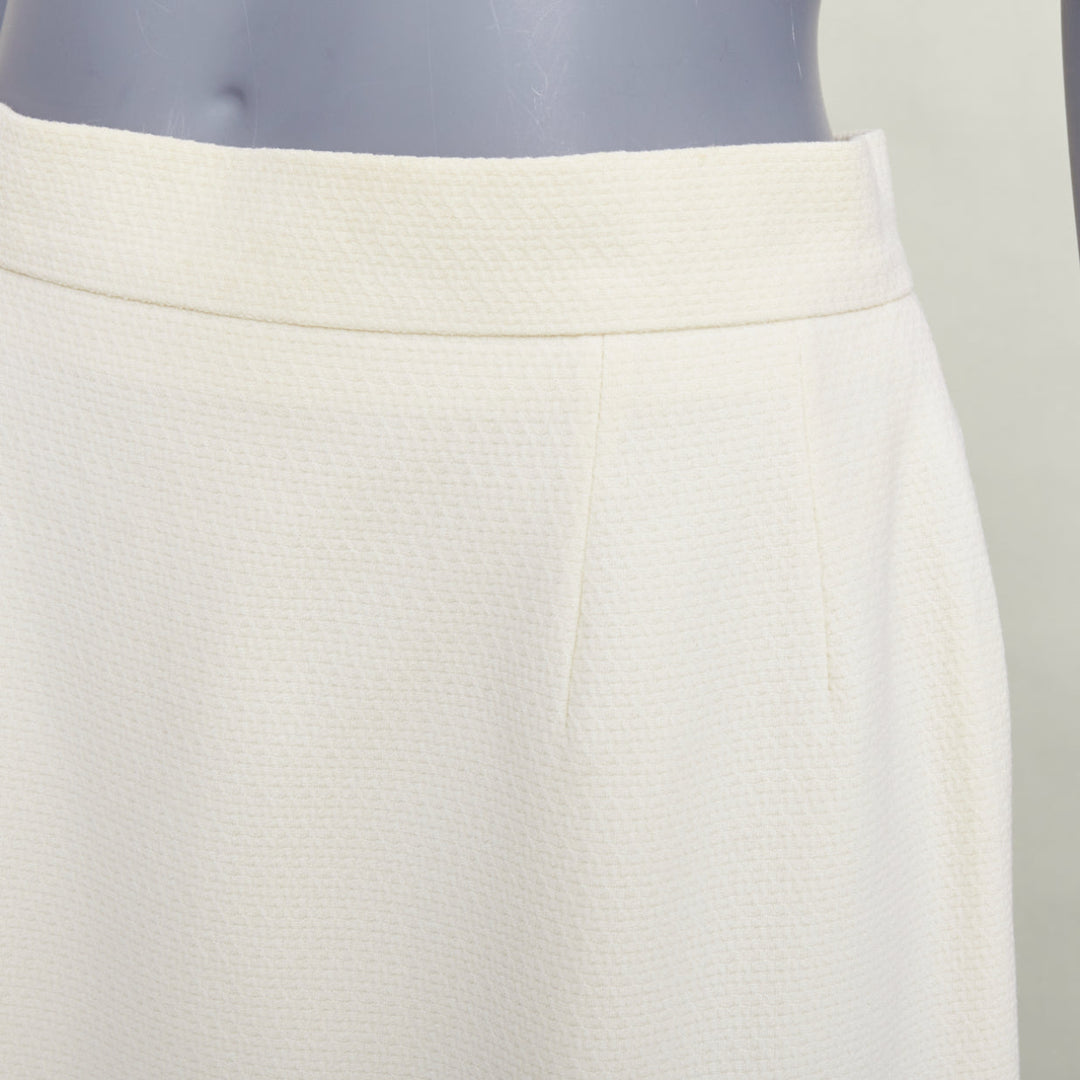 CHANEL 93P ivory wool gold CC logo button slit silk pencil skirt FR42 XL