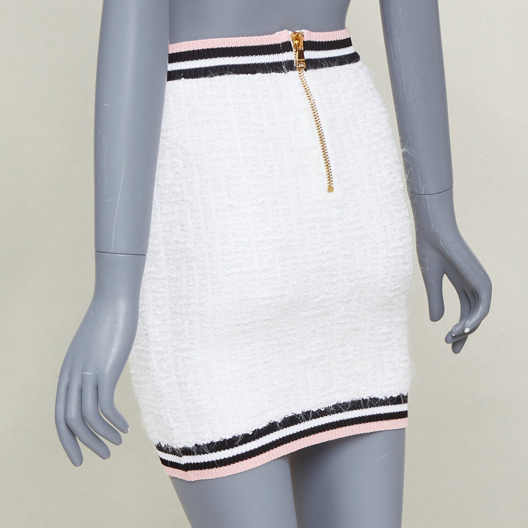 BALMAIN white knit tweed striped border lion head button mini skirt FR34 XXS