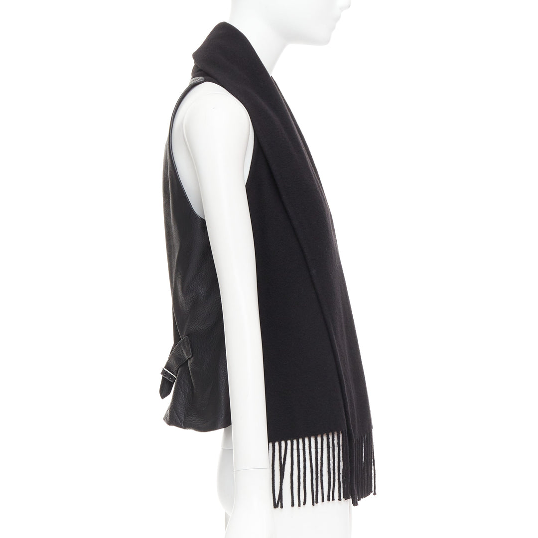 HERMES Gaultier Vintage cashmere black leather back scarf design vest FR38 M