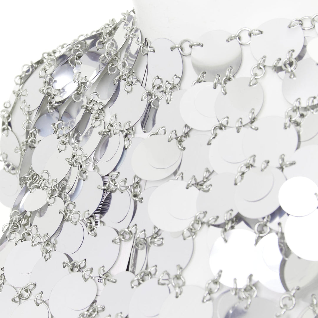 PACO RABANNE Iconic Silver Sparkle sequin chain discs mini dress FR38 M