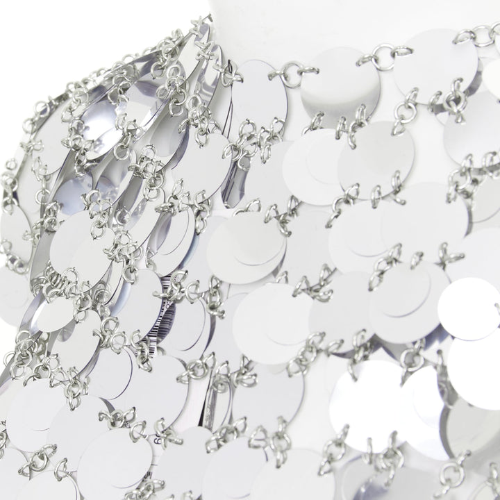 PACO RABANNE Iconic Silver Sparkle sequin chain discs mini dress FR38 M
