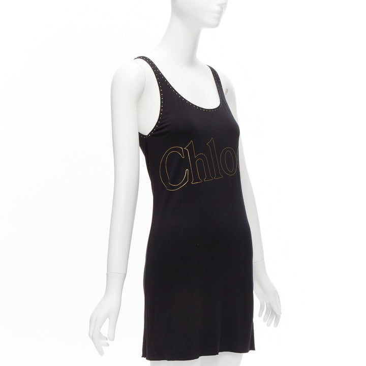 CHLOE gold foil logo black topstitch detail rock chic tank top dress S