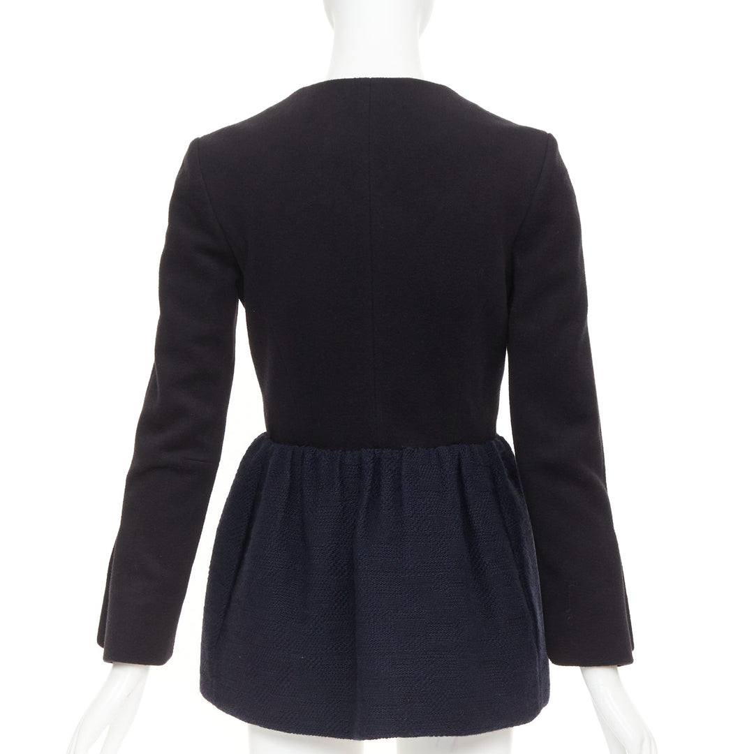 THE ROW Loxton black navy structured wool textured peplum gold zip coat US0 XS