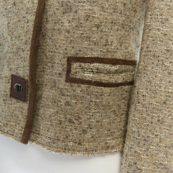 ISABEL MARANT Kios brown virgin wool boucle suede trimmed twist lock jacket FR36