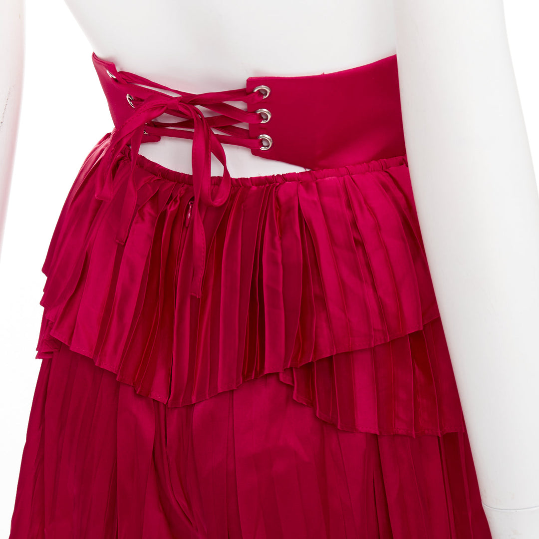 ANDREA IYAMAH Hibi red satin tiered laced corset pleated shorts XS