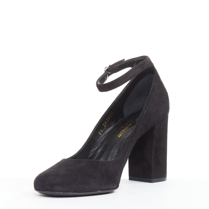 SAINT LAURENT black suede leather buckle maryjane block heel pump EU37.5