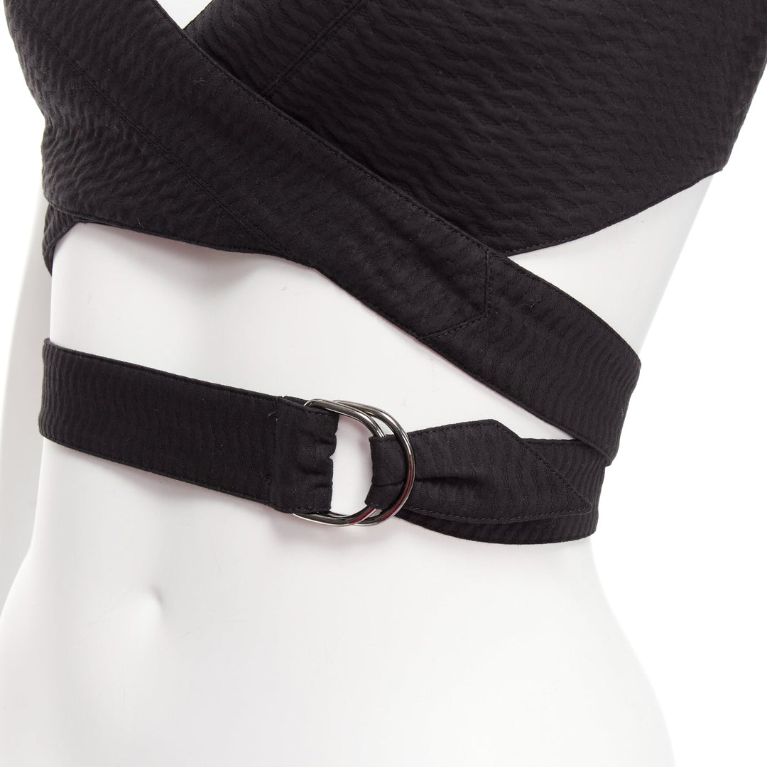 ALAIA black cotton textured jacquard wrap tie belt buckle crop top FR36 S