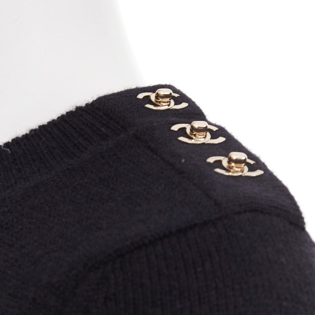 CHANEL 100% cashmere black gold CC logo turnlock shoulder sweater dress FR34 XS