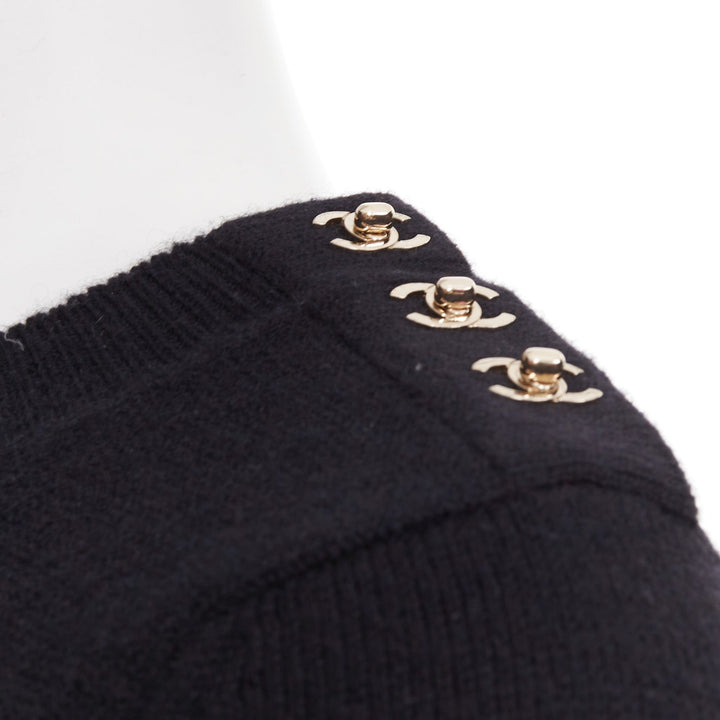 CHANEL 100% cashmere black gold CC logo turnlock shoulder sweater dress FR34 XS