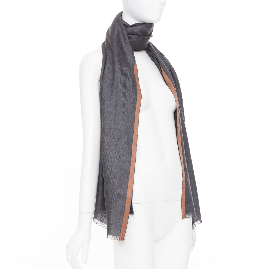 LORO PIANA Balat Stola grey navy camel cashmere silk fringe lightweight scarf