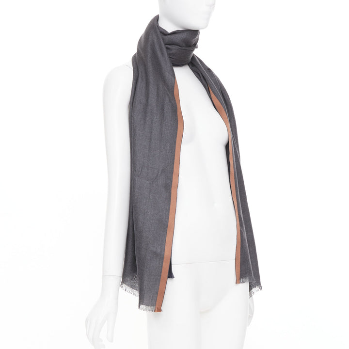 LORO PIANA Balat Stola grey navy camel cashmere silk fringe lightweight scarf