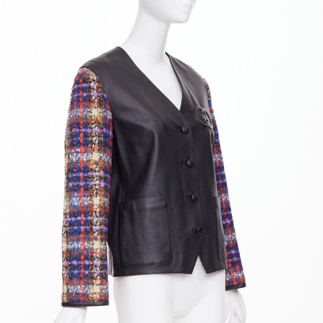 GUCCI 2019 Interlocking G Patch lambskin multi plaid tweed sleeve jacket IT38 S