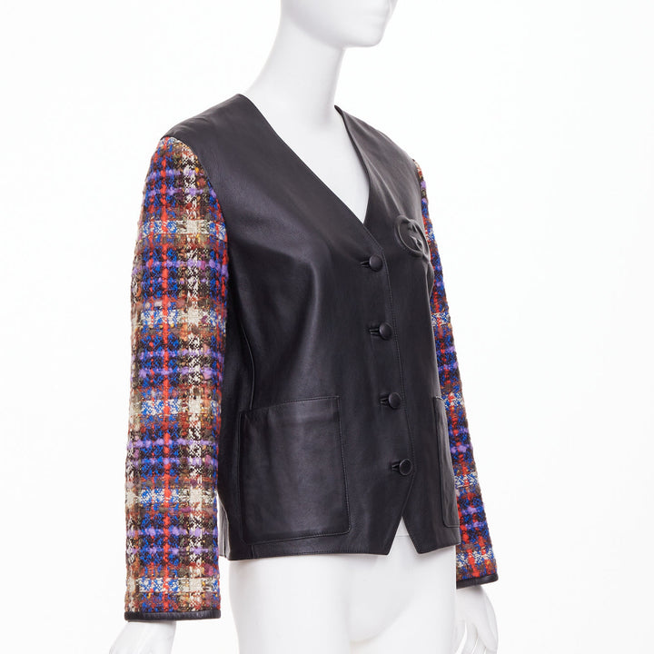 GUCCI 2019 Interlocking G Patch lambskin multi plaid tweed sleeve jacket IT38 S
