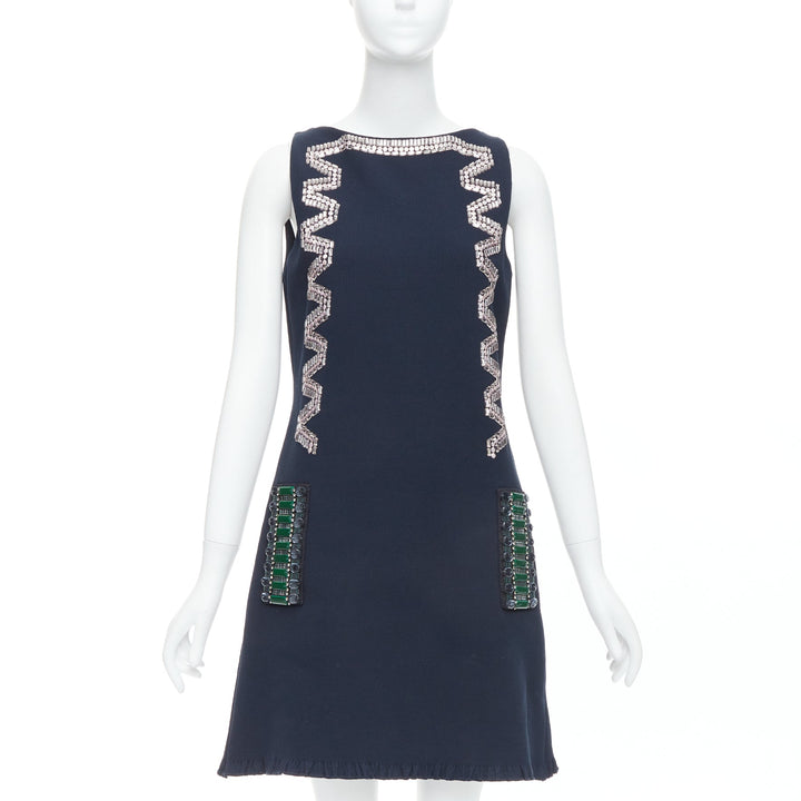 LANVIN 2015 navy cotton rhinestone embellished ribbon shift dress FR36 S