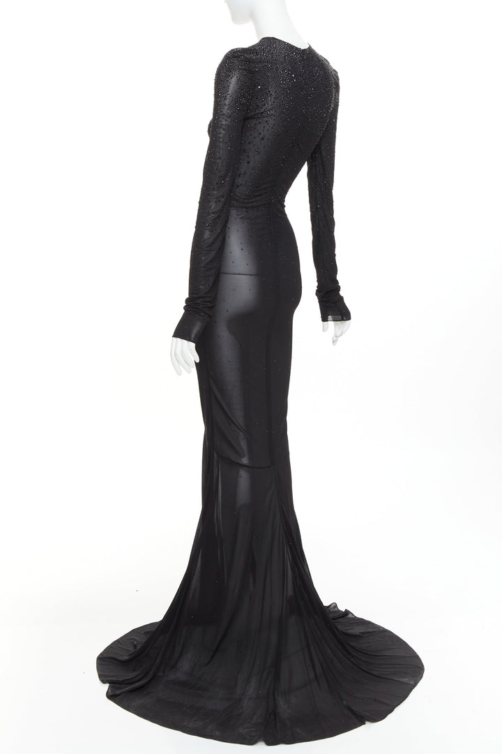 ALEXANDRE VAUTHIER black sheer degrade crystal long sleeve long train gown dress