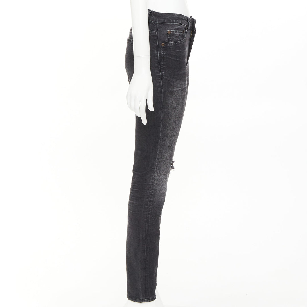 SAINT LAURENT D06 grey washed denim mid waist distressed skinny jeans 26"