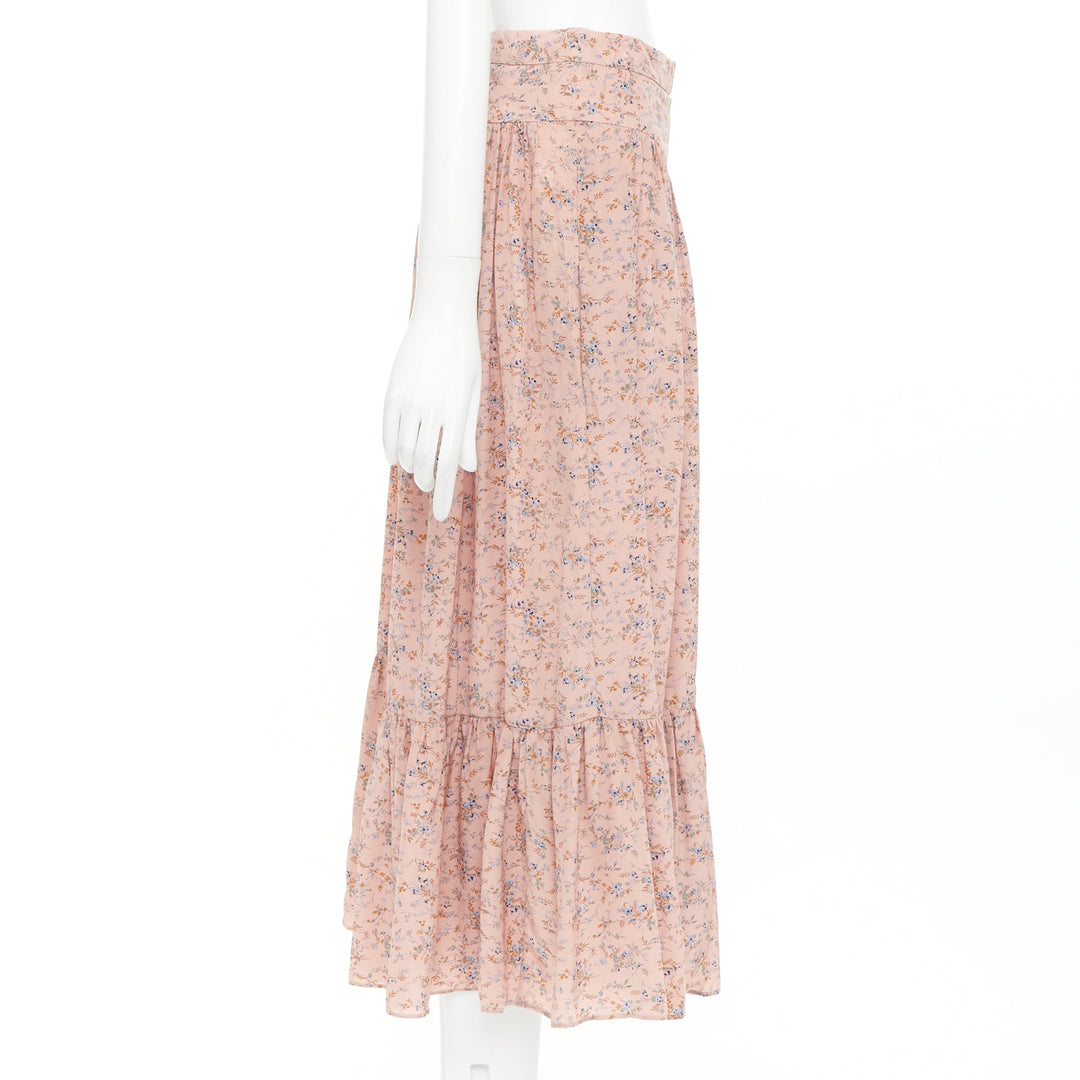CELINE 100% silk pink blue prairie floral print midi skirt FR38 M