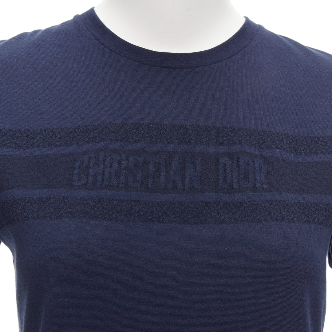 CHRISTIAN DIOR navy textured logo stripe front crew neck short sleeve tshirt XS