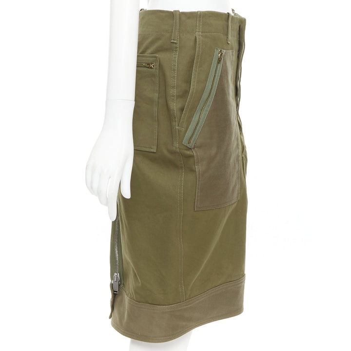 CELINE 2010 khaki green cotton patchwork pocket zipper cargo skirt FR40 L