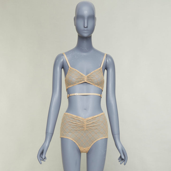 GUCCI Alessandro Michele GG Star nude monogram embroidered tulle lingerie set S