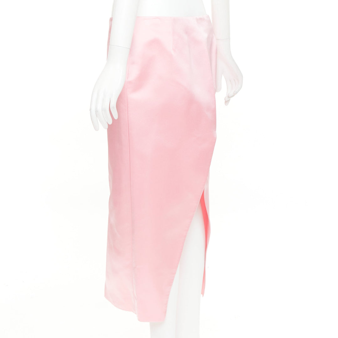 PRADA 2022 Raf Simons Runway pink double satin high rear split midi skirt IT42 M