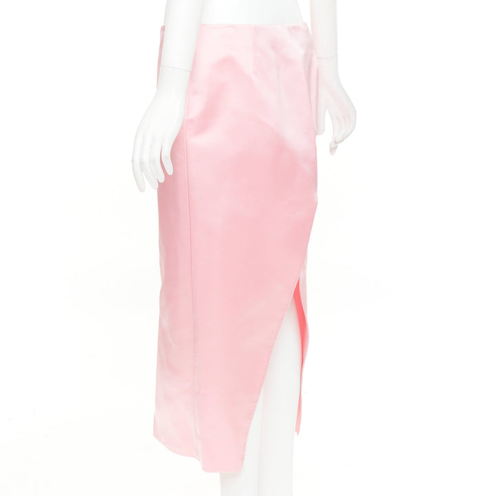PRADA 2022 Raf Simons Runway pink double satin high rear split midi skirt IT42 M