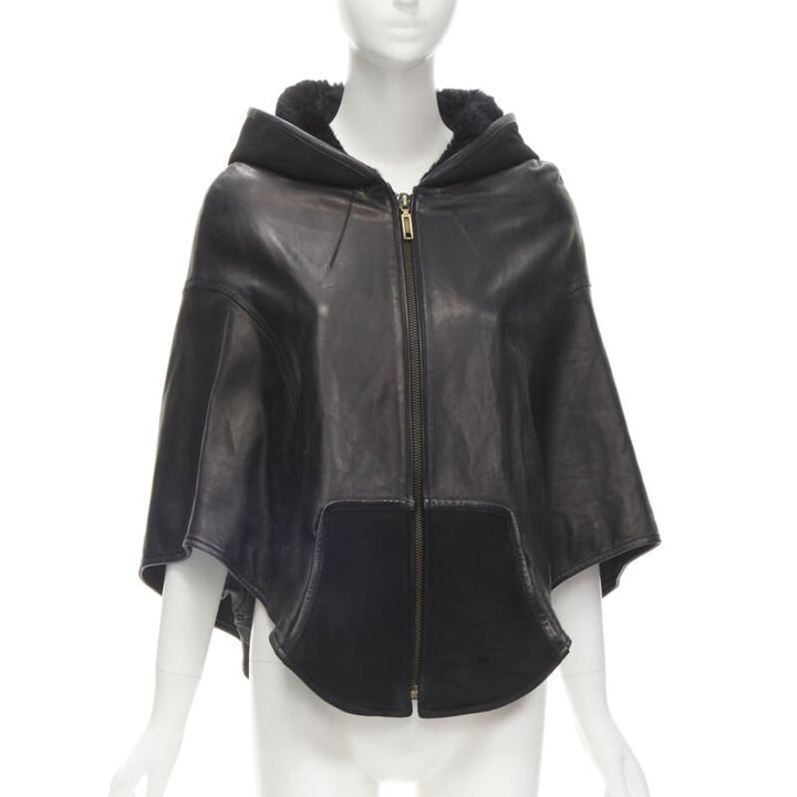 INES ET MARECHAL black lambskin leather shearling hood circle cape IT38 XS